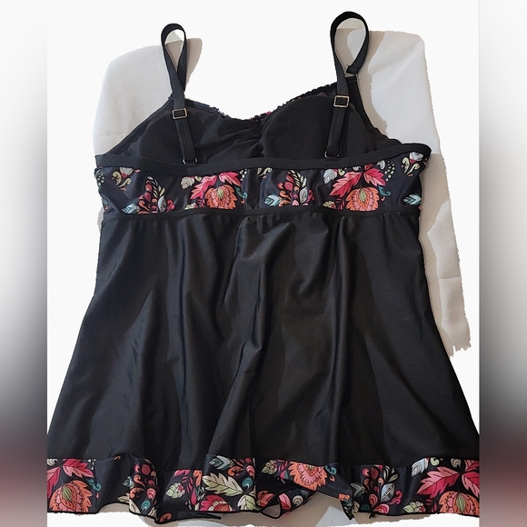 Floral Black Bikini Top Chemise with Pink Accents - Picture 2 of 3